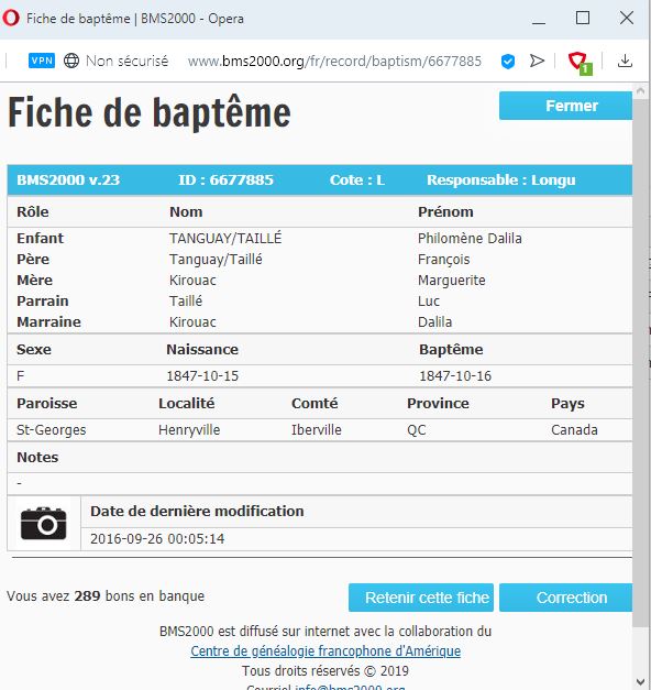 Fiche de baptême de la base de données BMS2000