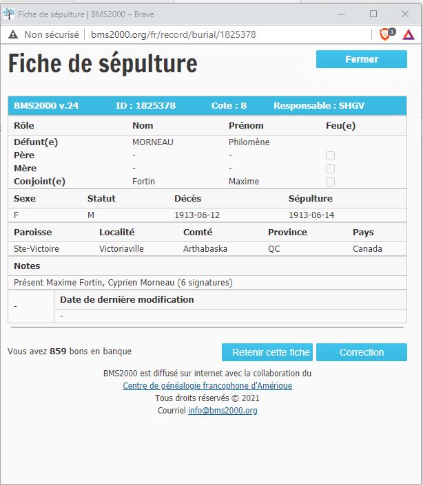 Fiche de sépulture de la base de données BMS2000