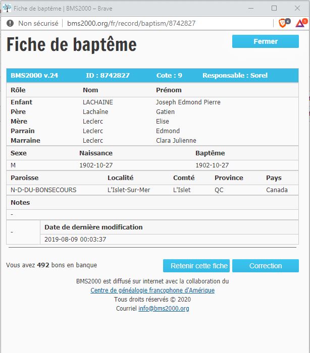 Fiche de baptême de la base de données BMS2000