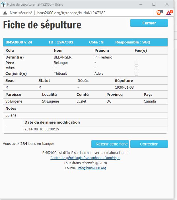 Fiche de sépulture de la base de données BMS2000