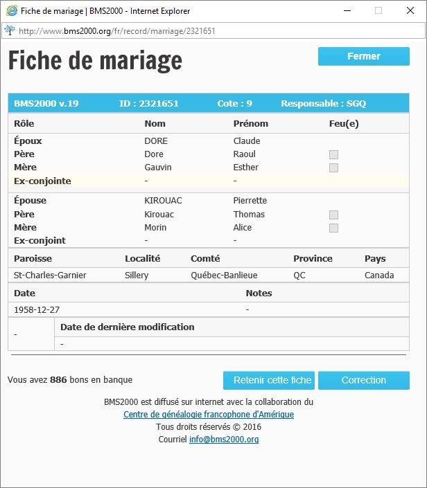Fiche de mariage de la base de données BMS2000