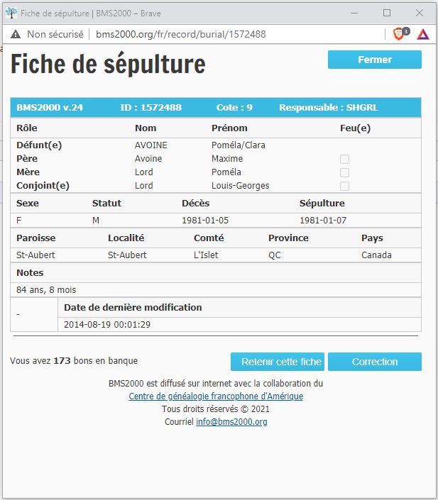 Fiche de sépulture de la base de données BMS2000