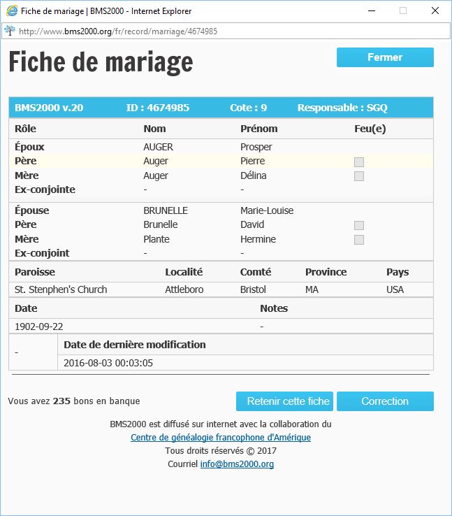 Fiche de mariage de la base de données BMS2000