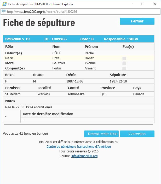 Fiche de sépulture de la base de données BMS2000