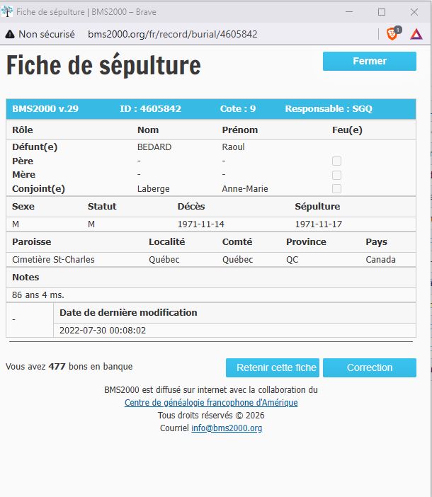 Fiche de sépulture de la base de données BMS2000