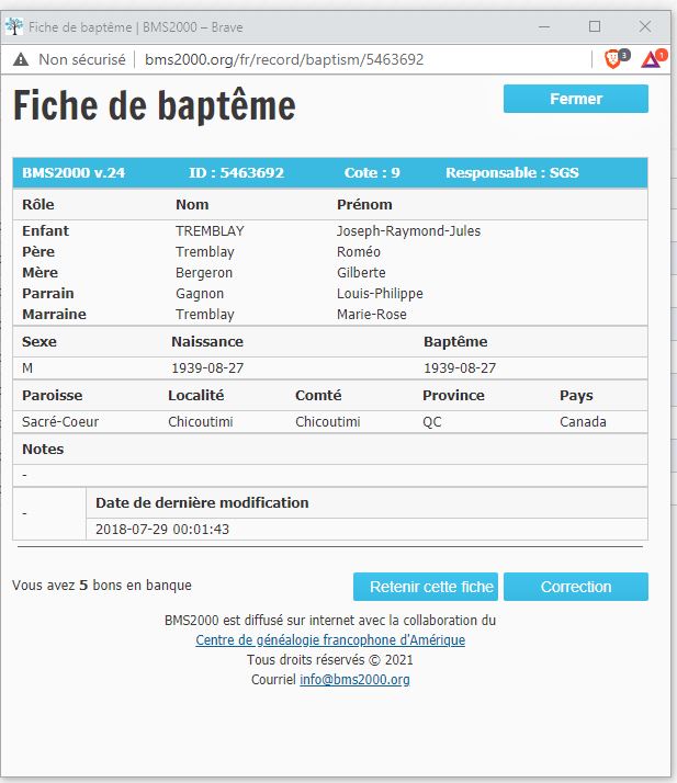 Fiche de baptême de la base de données BMS2000
