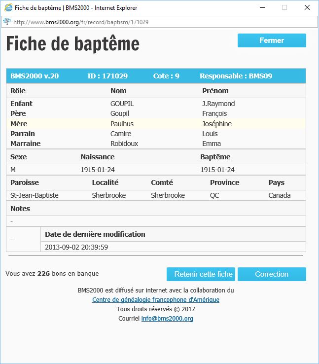 Fiche de baptême de la base de données BMS2000