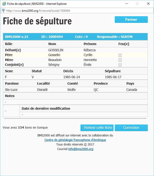 Fiche de sépulture de la base de données BMS2000