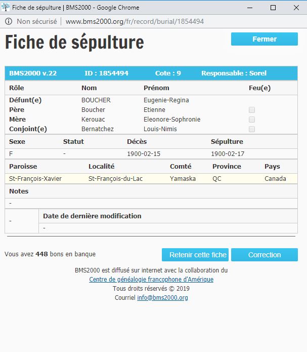 Fiche de sépulture de la base de données BMS2000