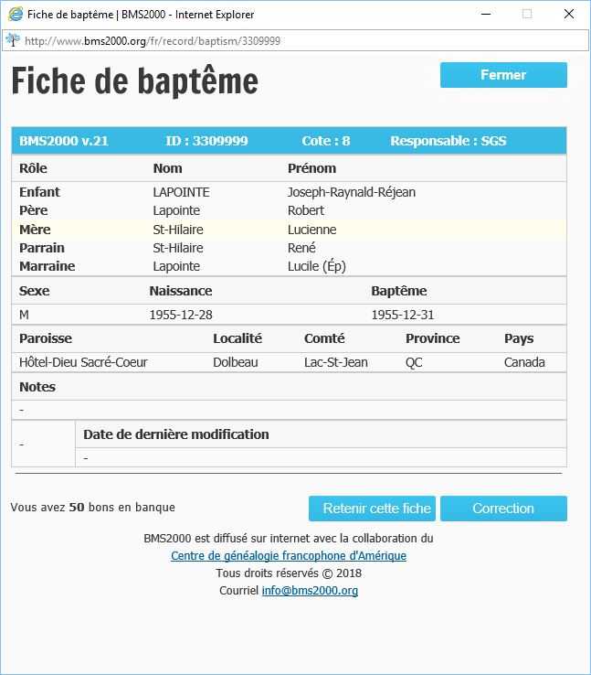 Fiche de baptême de la base de données BMS2000