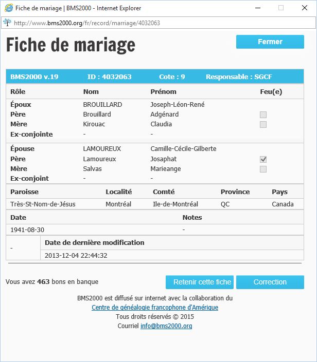 Fiche de mariage de la base de données BMS2000