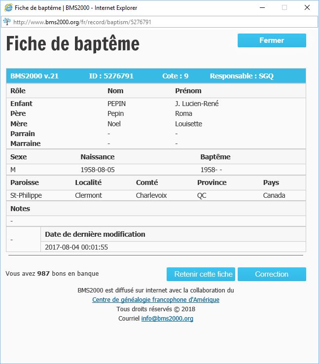 Fiche de baptême de la base de données BMS2000 Fiche de baptême de la base de données BMS2000