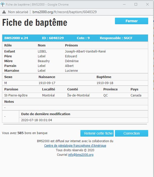 Fiche de baptême de la base de données BMS2000