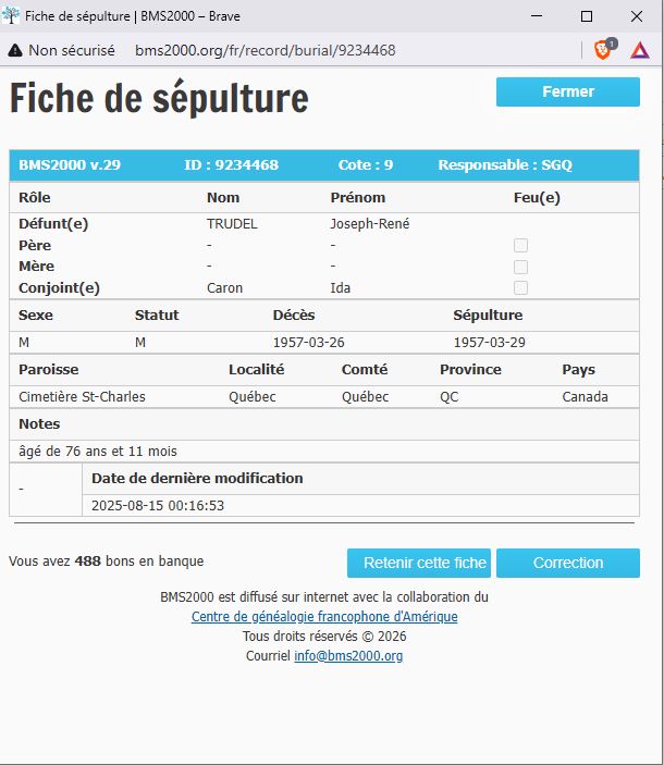 Fiche de sépulture de la base de données BMS2000