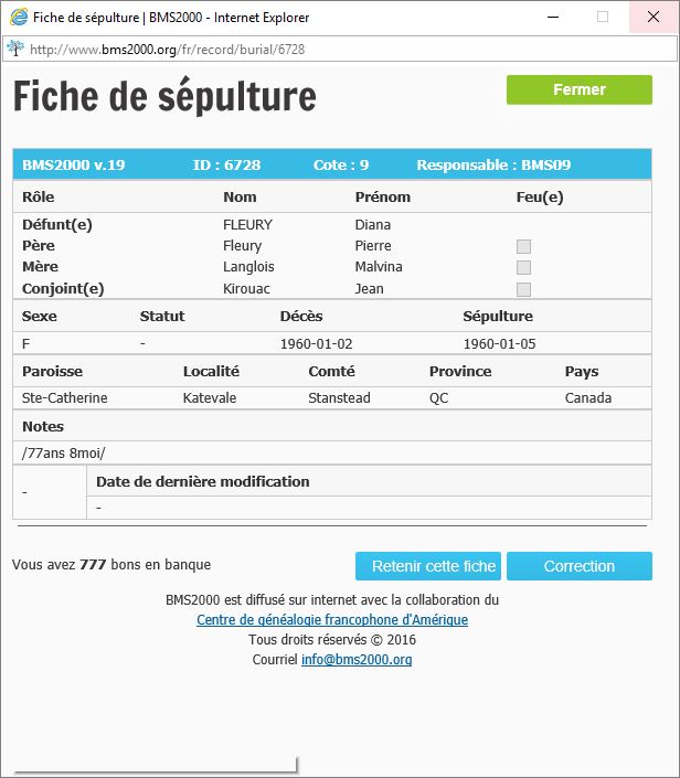 Fiche de sépulture de la base de données BMS2000