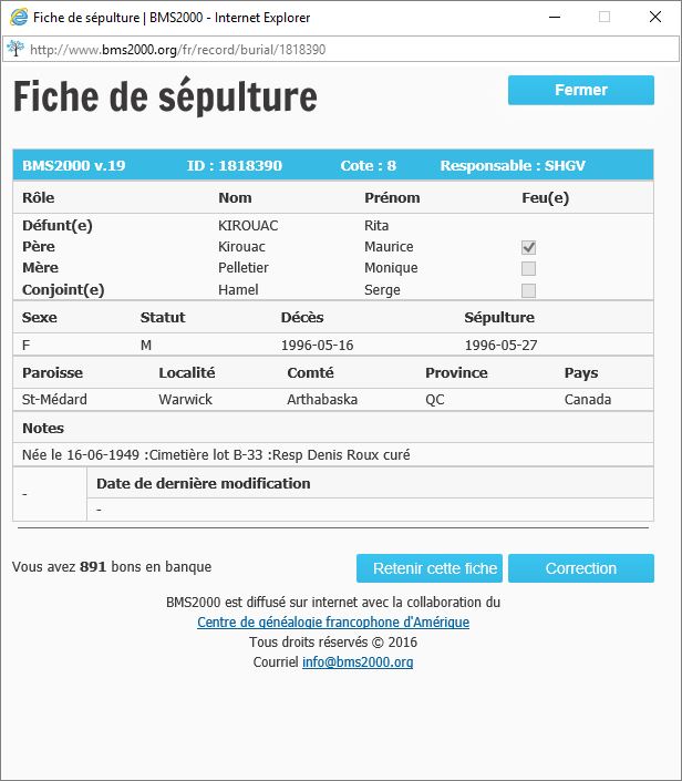 Fiche de sépulture de la base de données BMS2000
