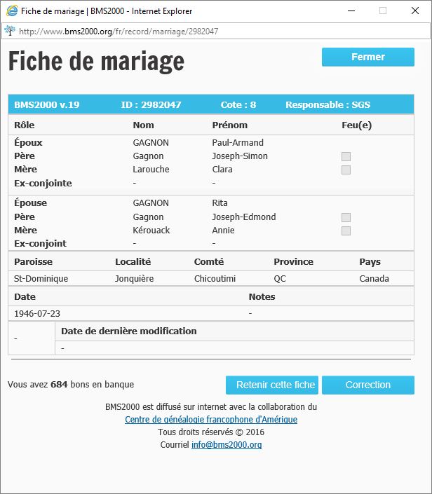 Fiche de mariage de la base de données BMS2000