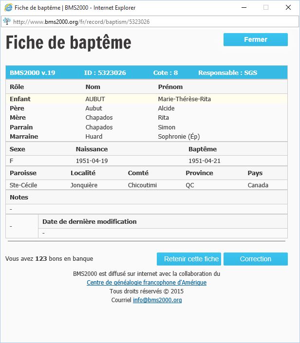 Fiche de baptême de la base de données BMS2000