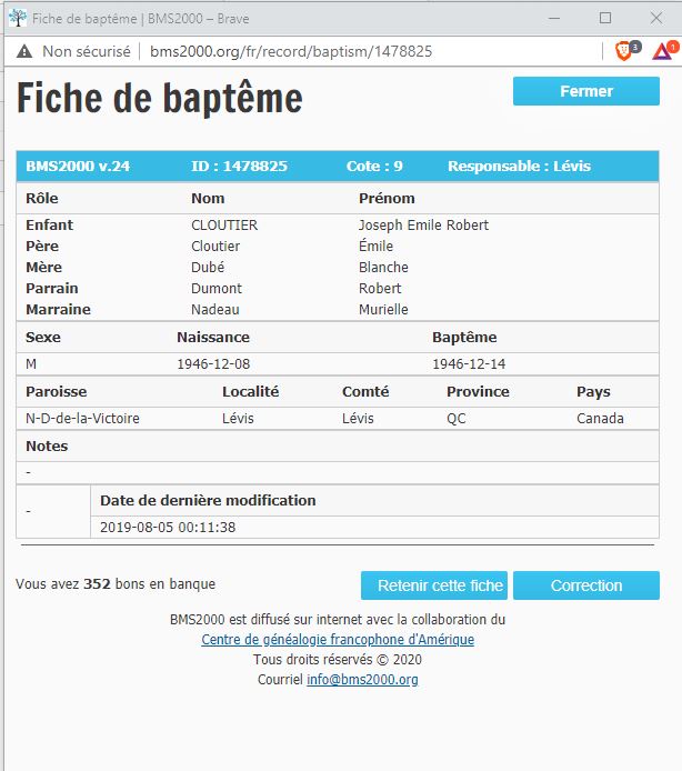 Fiche de baptême de la base de données BMS2000 Fiche de baptême de la base de données BMS2000