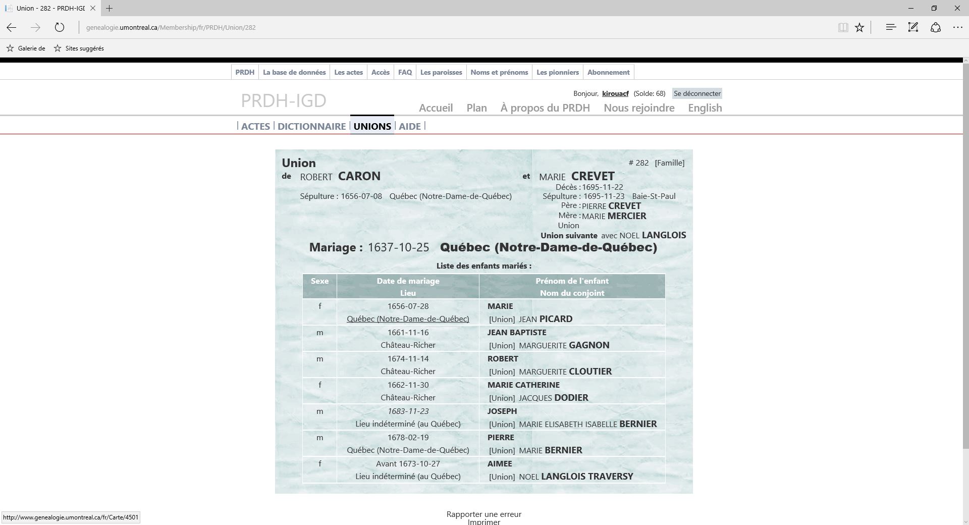 Fiche de famille du PRDH
