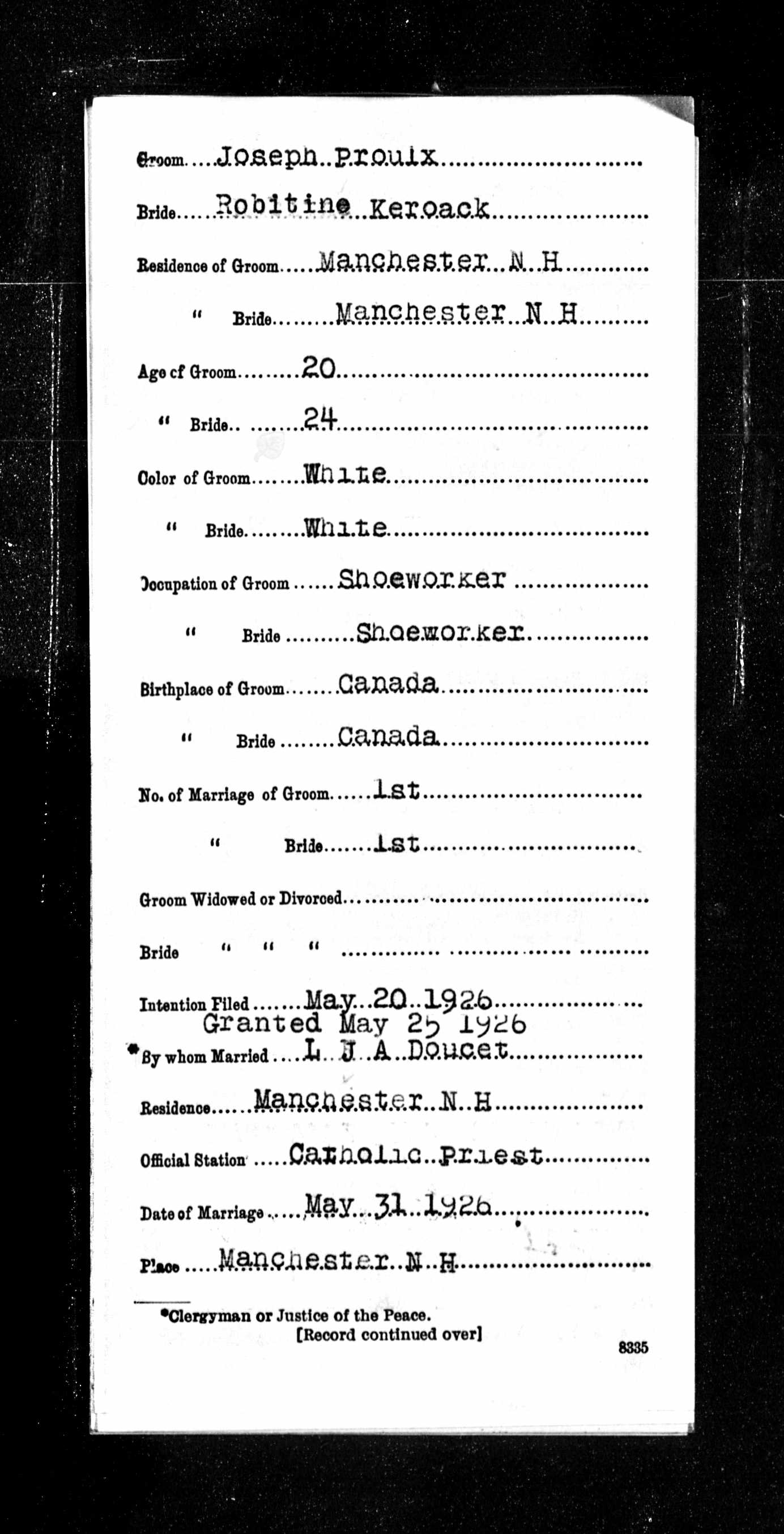 Enregistrement du mariage, recto