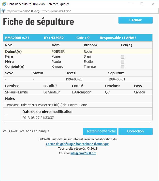 Fiche de sépulture de la base de données BMS2000