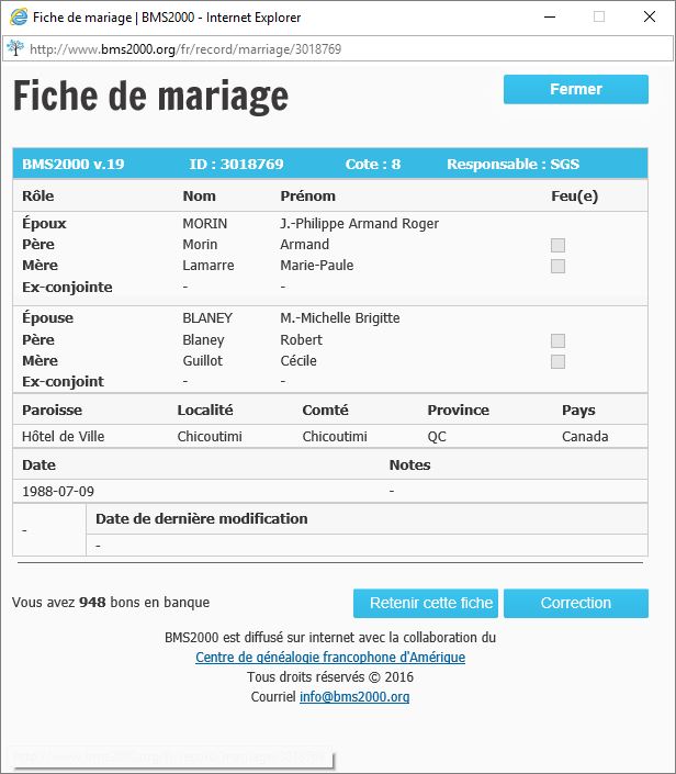 Fiche de mariage de la base de données BMS2000