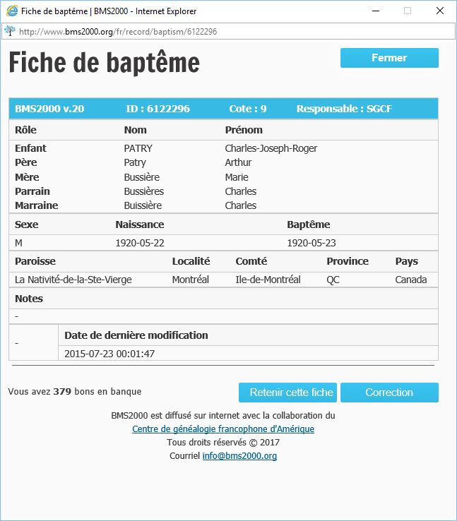 Fiche de baptême de la base de données BMS2000