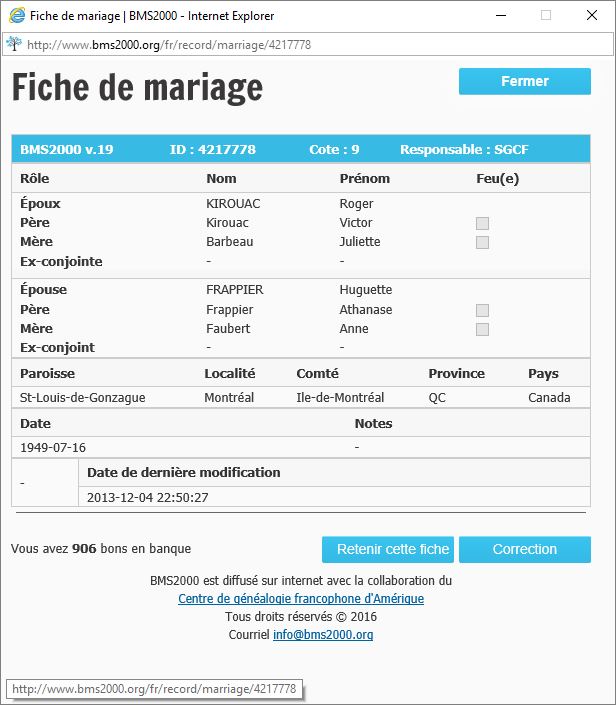 Fiche de mariage de la base de données BMS2000