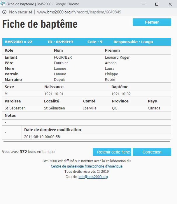 Fiche de baptême de la base de données BMS2000 Fiche de baptême de la base de données BMS2000