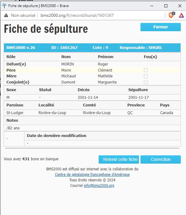 Fiche de sépulture de la base de données BMS2000