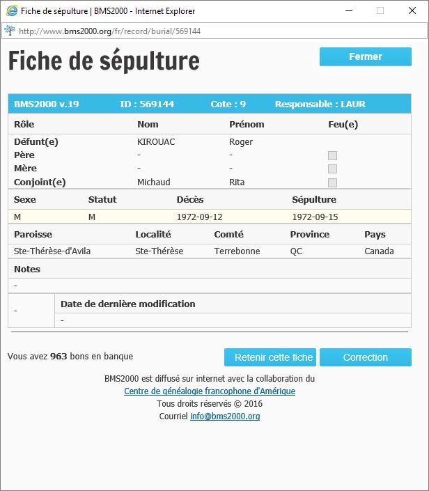 Fiche de sépulture de la base de données BMS2000