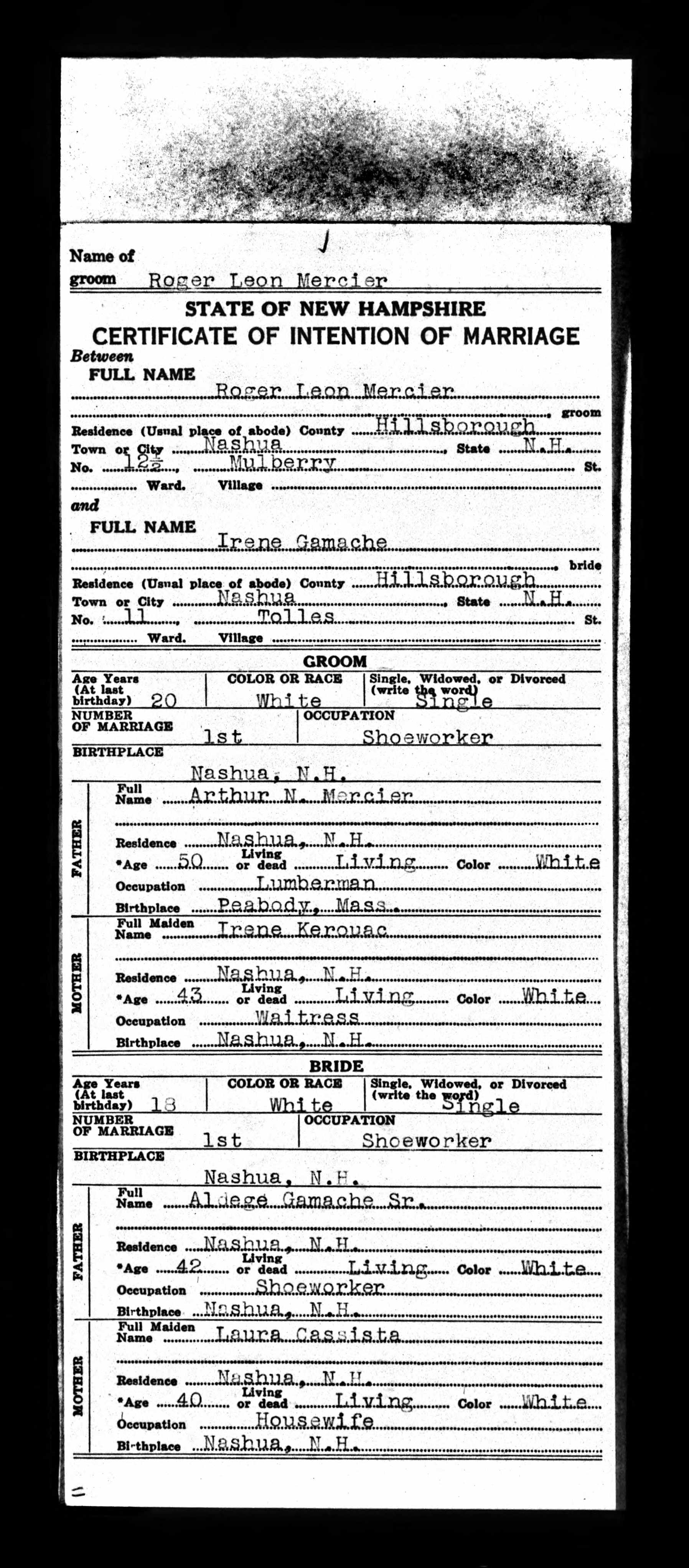 Enregistrement du mariage, recto