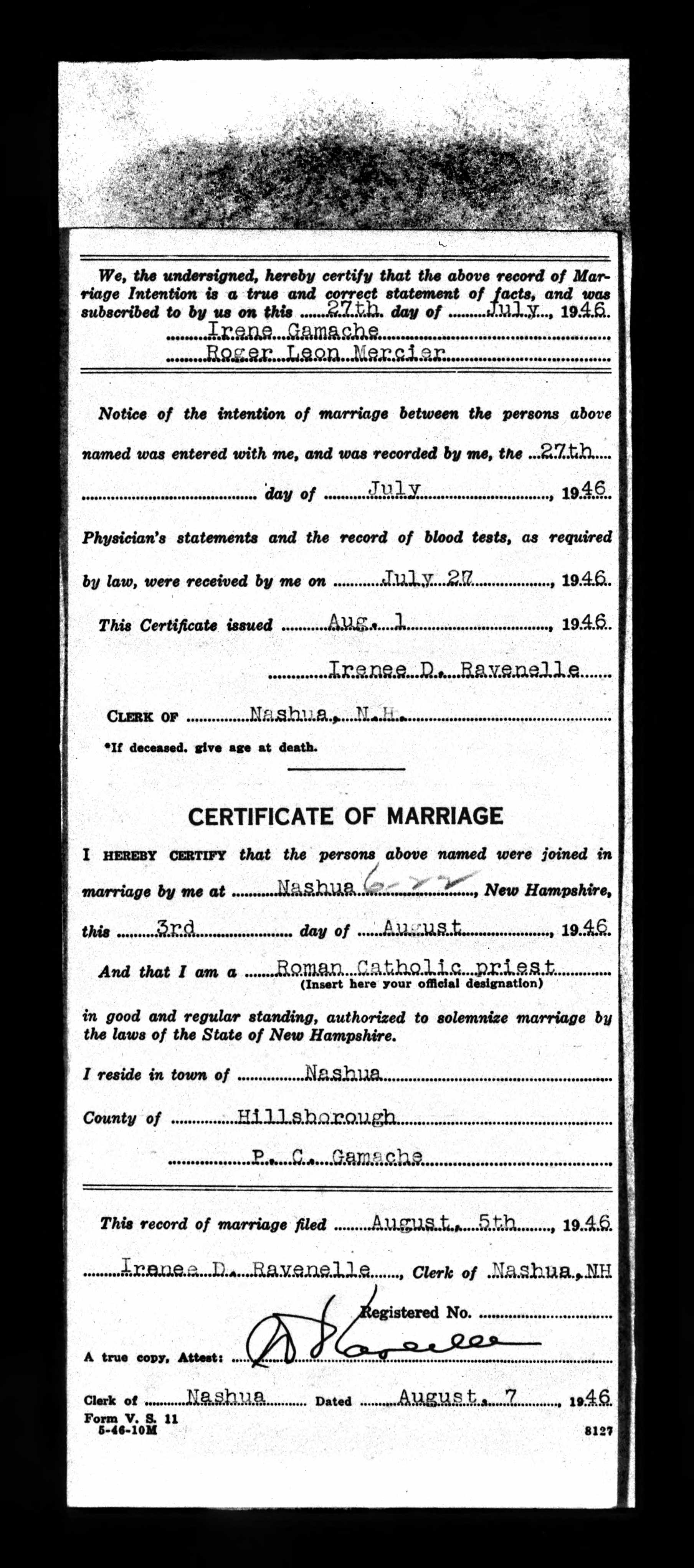 Enregistrement du mariage, verso