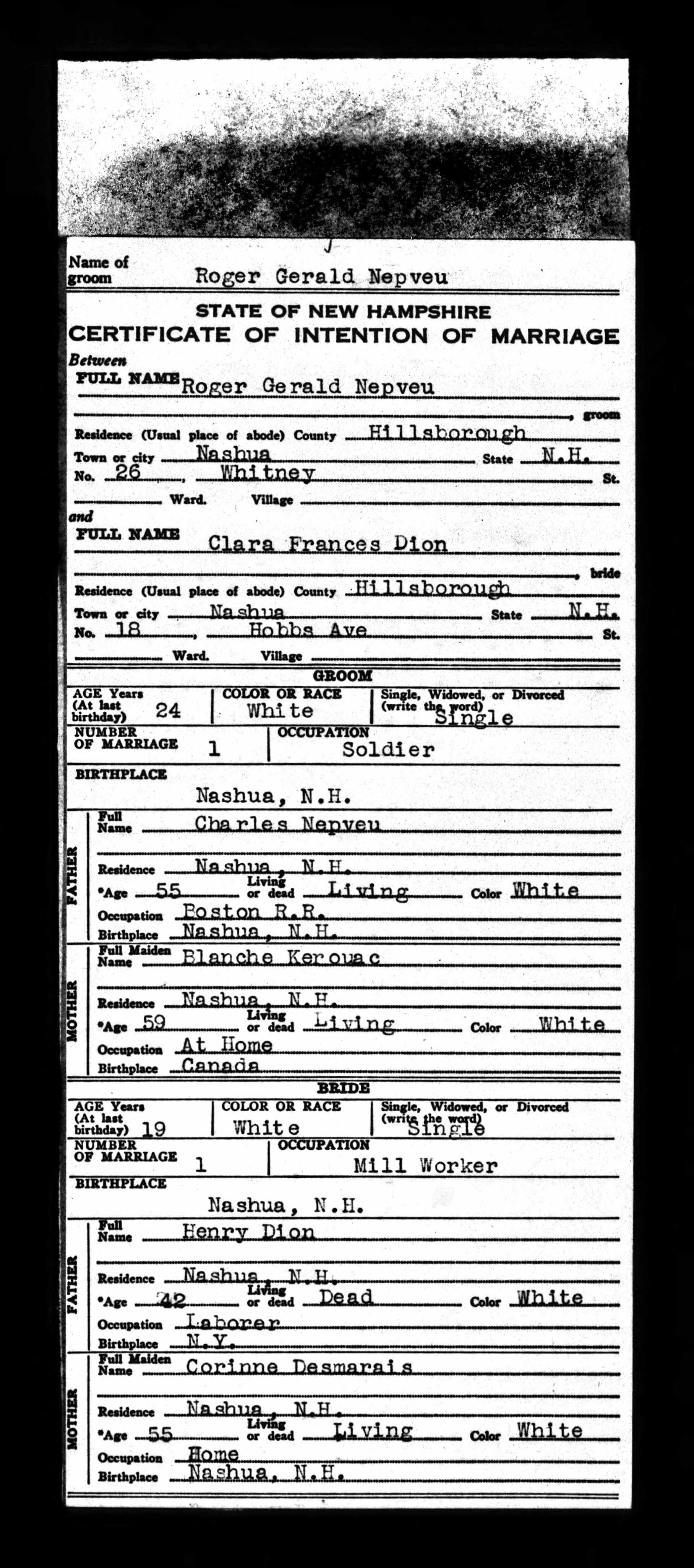 Enregistrement du mariage, recto
