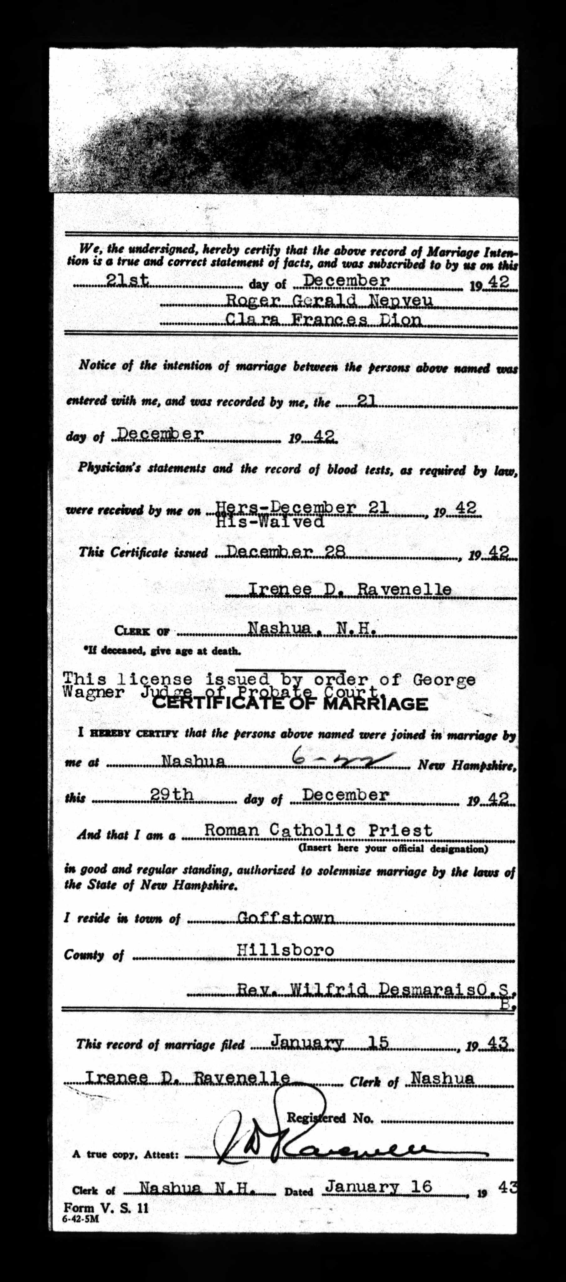 Enregistrement du mariage, verso