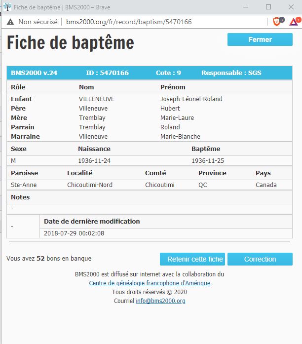 Fiche de baptême de la base de données BMS2000