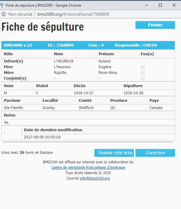 Fiche de sépulture de la base de données BMS2000