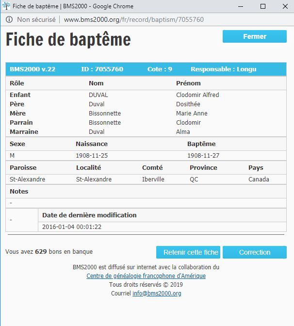 Fiche de baptême de la base de données BMS2000