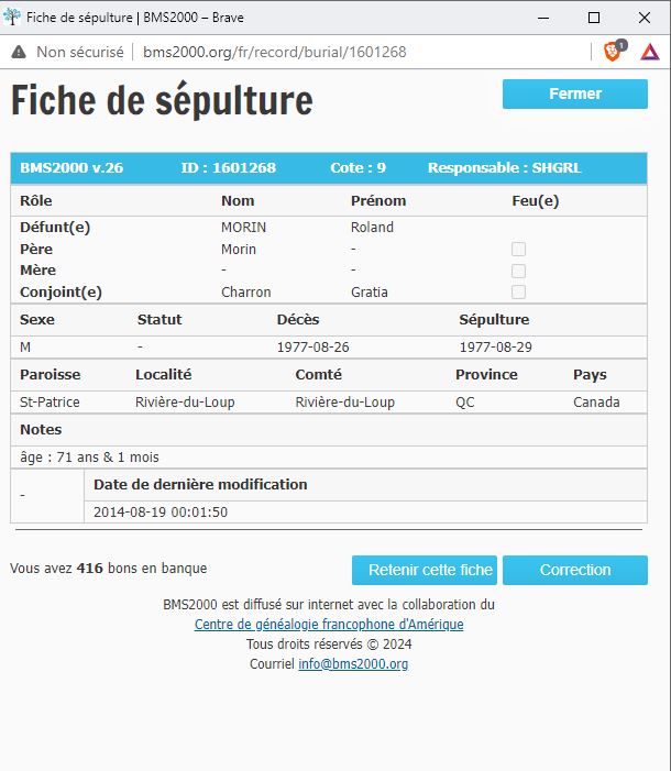 Fiche de sépulture de la base de données BMS2000