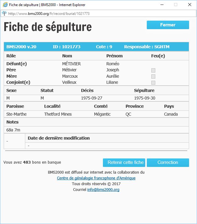 Fiche de sépulture de la base de données BMS2000