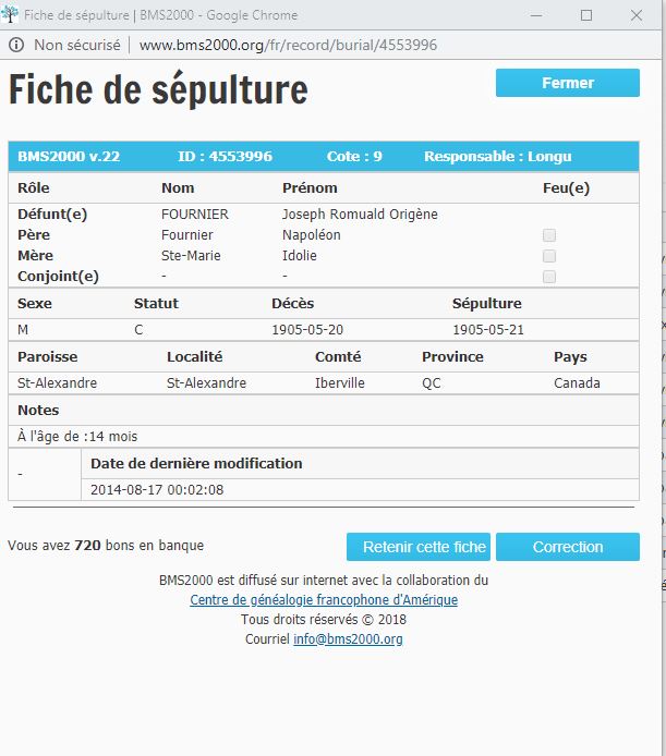 Fiche de sépulture de la base de données BMS2000