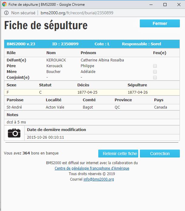 Fiche de sépulture de la base de données BMS2000