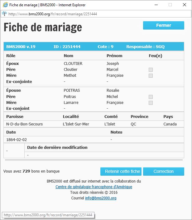 Fiche de mariage de la base de données BMS2000