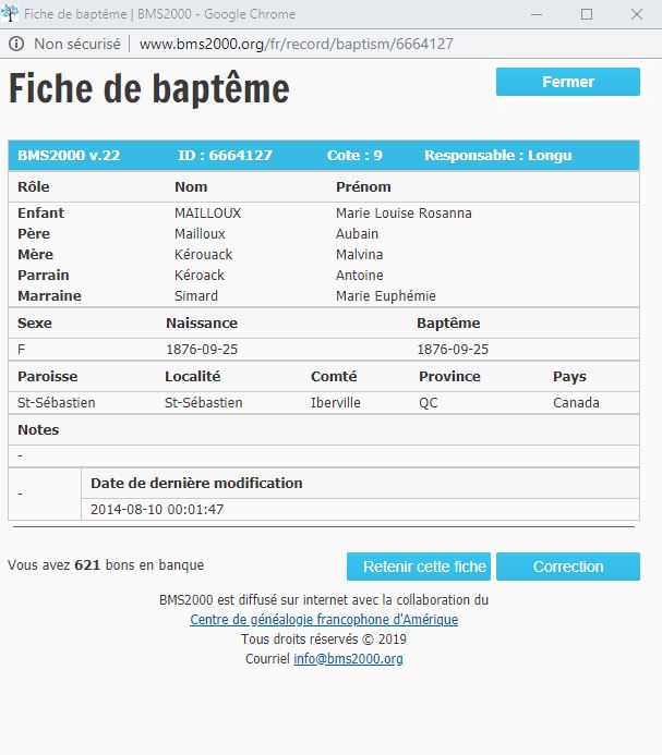 Fiche de baptême de la base de données BMS2000