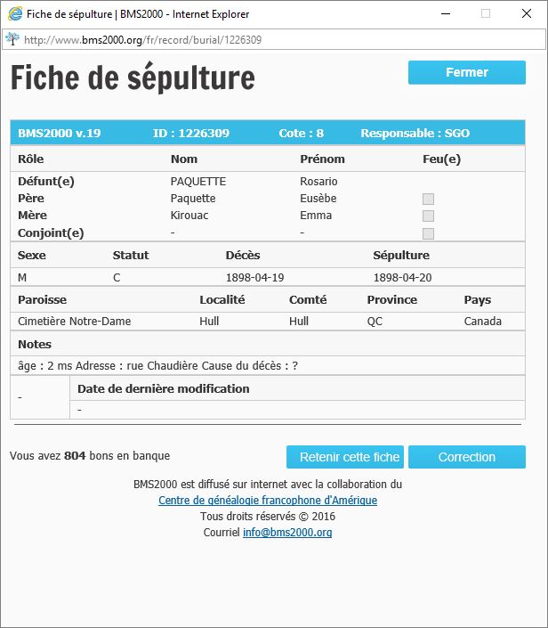 Fiche de sépulture de la base de données BMS2000 Fiche de sépulture de la base de données BMS2000
