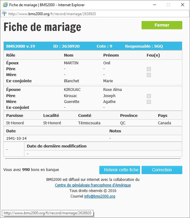 Fiche de mariage de la base de données BMS2000 Fiche de mariage de la base de données BMS2000