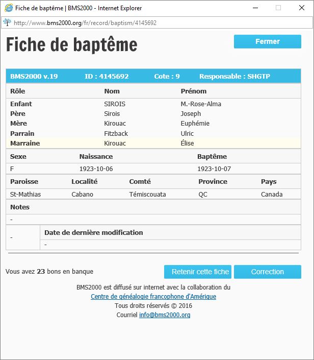 Fiche de baptême de la base de données BMS2000