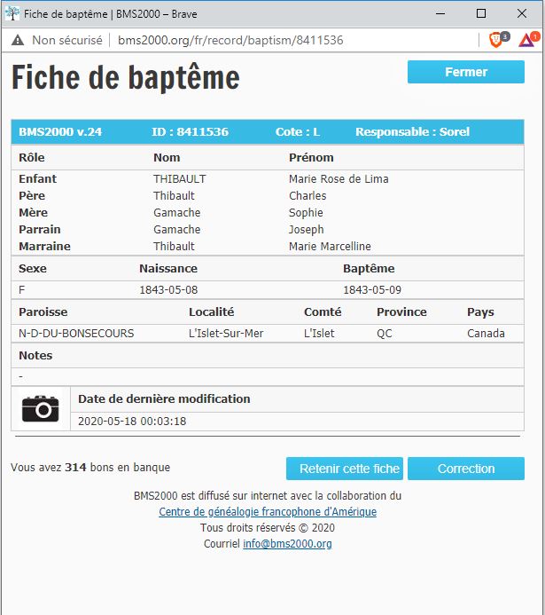 Fiche de baptême de la base de données BMS2000 Fiche de baptême de la base de données BMS2000