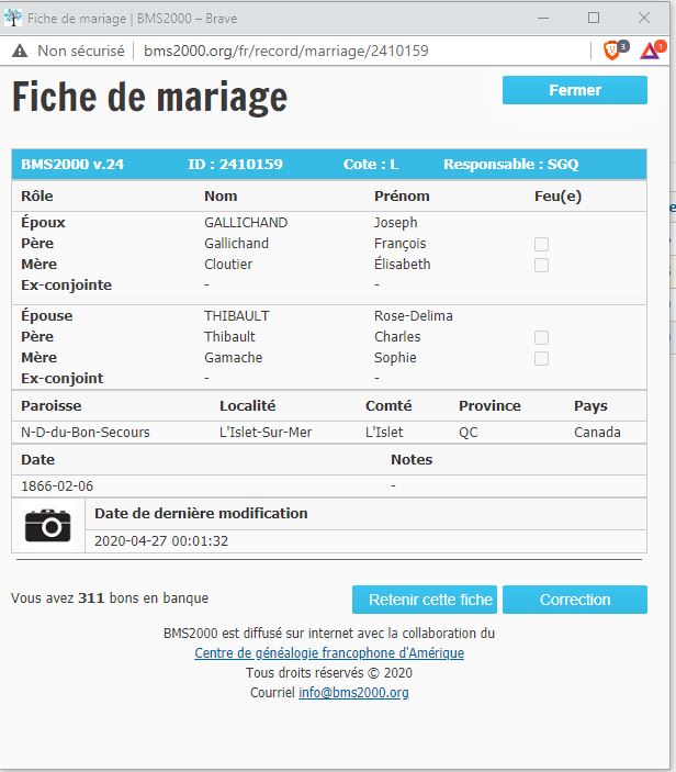 Fiche de mariage de la base de données BMS2000 Fiche de mariage de la base de données BMS2000
